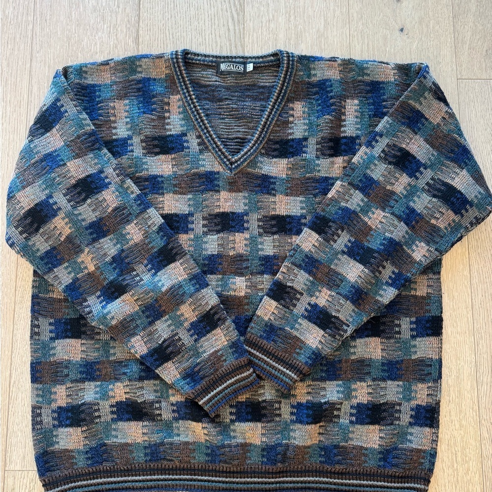 Magalos V-Neck Patterned 2XLT Vintage 90’s Sweater in Blue and Brown Grandpa Dad